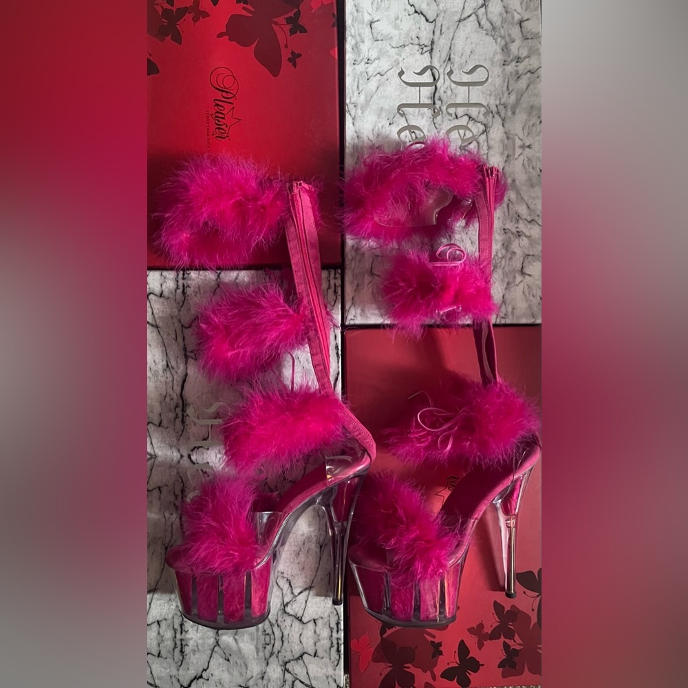 Adore-728F Hot Pink Marabou Fluffy Fur Stripper Pole Dance Heels Gladiator Shoes - Picture 2 of 14